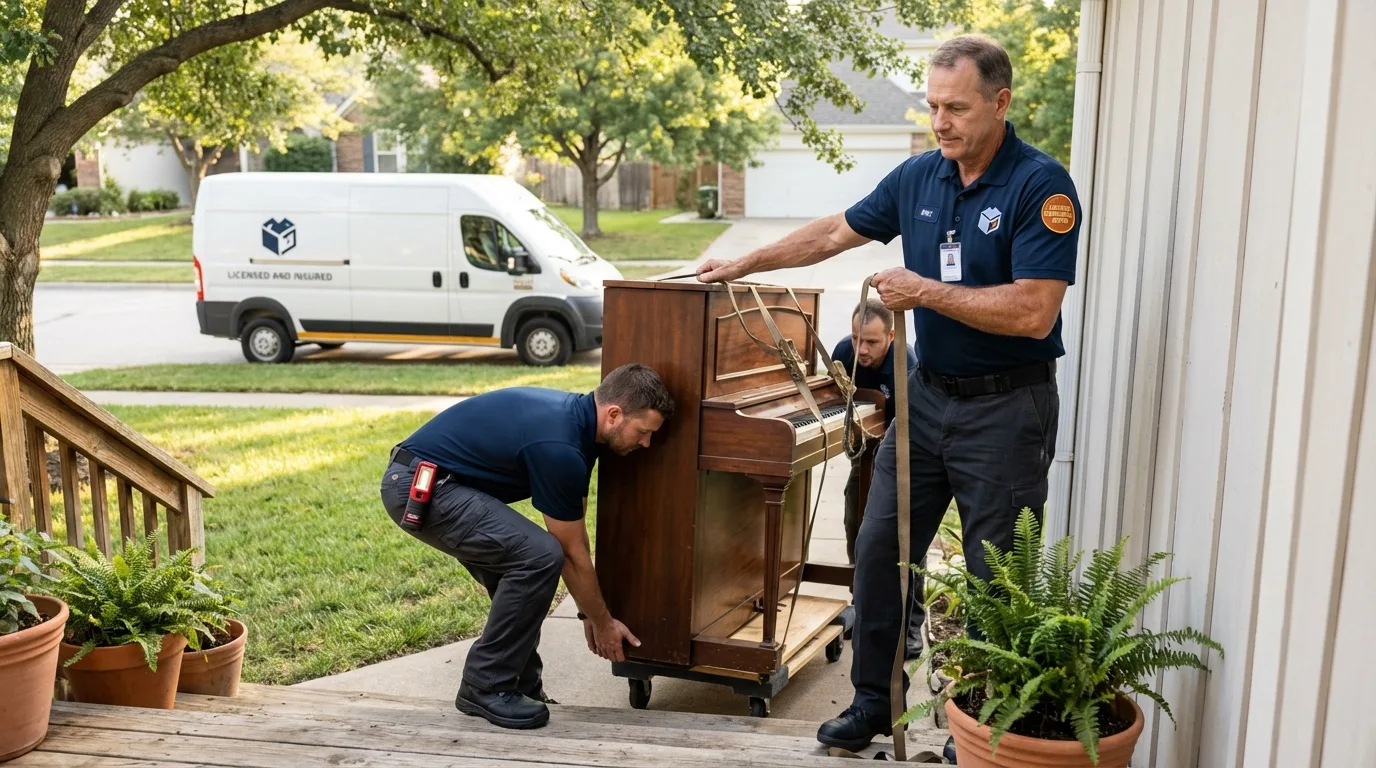 Licensed piano movers securing grand piano in Slater, IA
