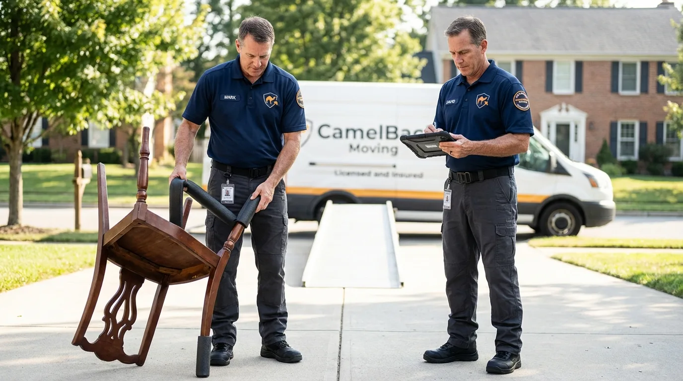 Movers inspecting furniture for damage prevention before loading in Slater, IA