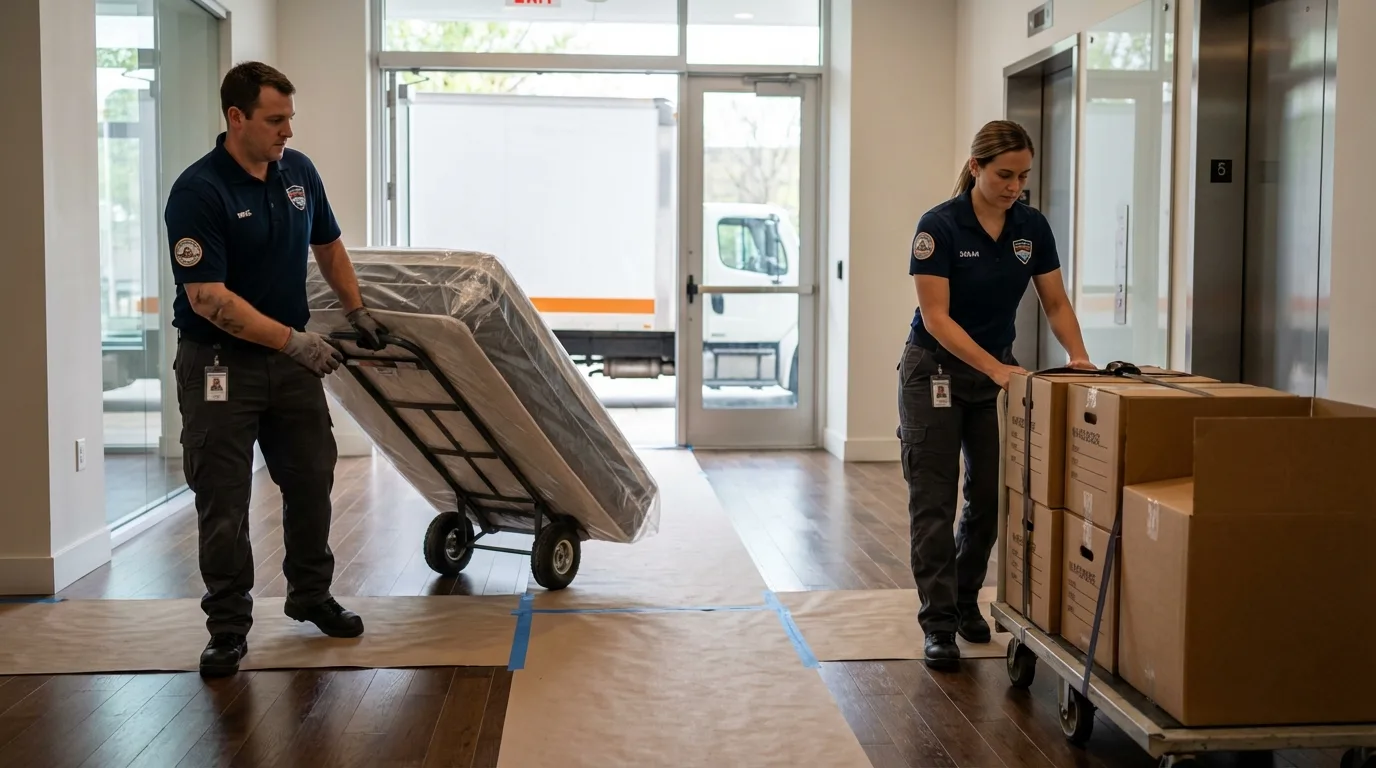 Professional apartment movers loading elevator in Slater, IA