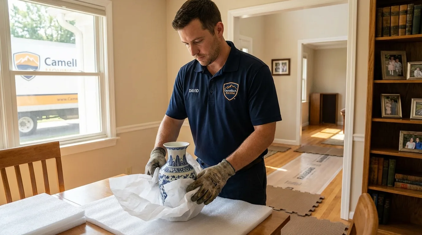 Professional crew carefully wrapping antique vase for senior downsizing move in Slater, IA