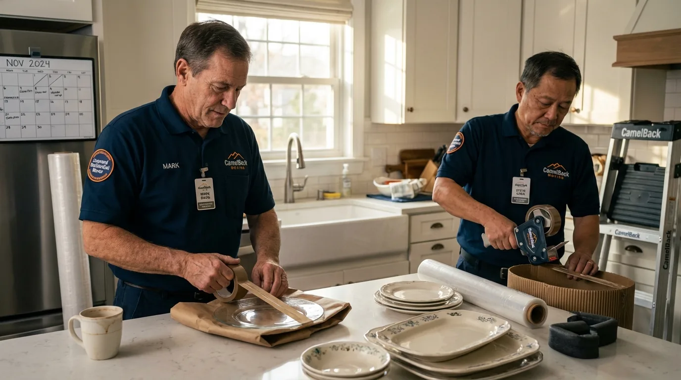 Professional crew packing kitchen dishware in Slater, IA